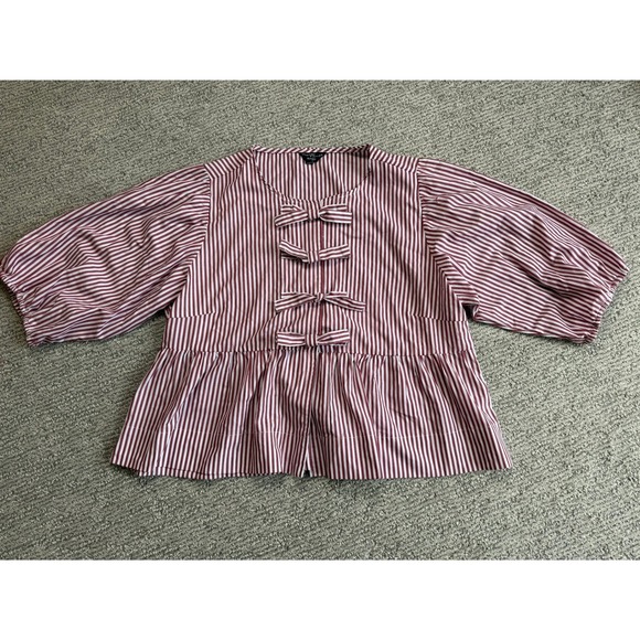 Velvet Heart Tops - Velvet Heart Los Angeles Striped Bow Peplum Top Burgundy White Cotton Large